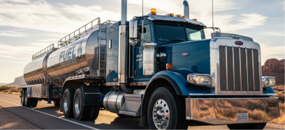 A shiny blue fuel tanker truck drives on a highway through a desert landscape under a partly cloudy sky. The word FUEL is visible on the side of the tanker.