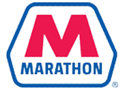 Marathon logo featuring a bold red letter M inside a blue-outlined hexagon, with the word MARATHON in blue capital letters below the M on a white background.