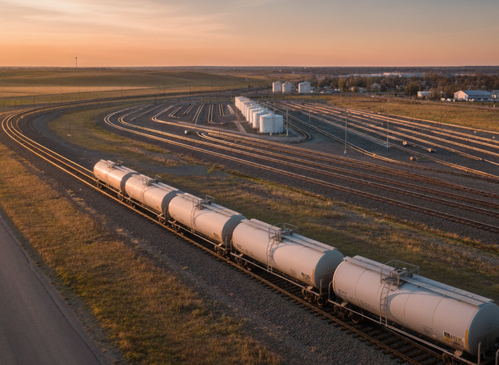 A long freight train with white tanker cars travels on curved railway tracks through an open industrial rail yard at sunset, with multiple tracks and storage tanks visible in the background.