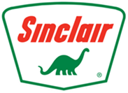 Sinclair logo featuring the word Sinclair in red letters above a green dinosaur silhouette, all within a white, shield-shaped background outlined in green.