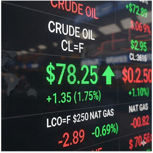 A digital stock market display shows crude oil (CL=F) priced at $78.25, up by $1.35 (1.75%). Other prices and changes for LCO=F and NAT GAS are shown in red and green.