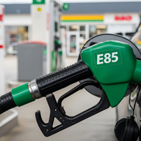 A close-up of a green E85 fuel pump nozzle at a gas station, with the station building and other pumps visible in the blurred background.